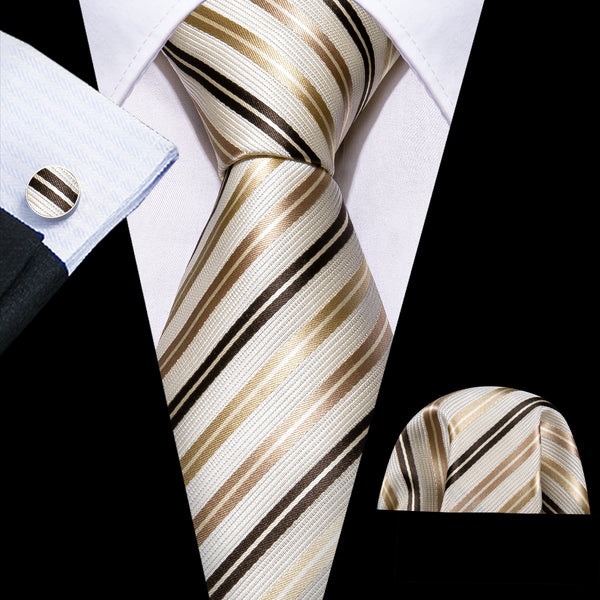 White Champagne Striped Silk Men's Necktie Pocket Square Cufflinks Set