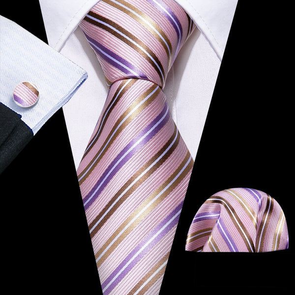 Ties2you Striped Tie Pink Champagne Silk Men's Necktie Hanky Cufflinks Set