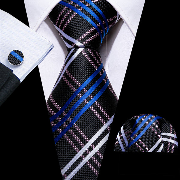 Black Blue Plaid Silk Men's Necktie Pocket Square Cufflinks Set