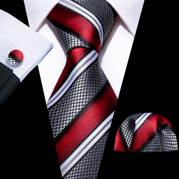 Ties2you Striped Tie Grey Red Silk Men's Necktie Pocket Square Cufflinks Set