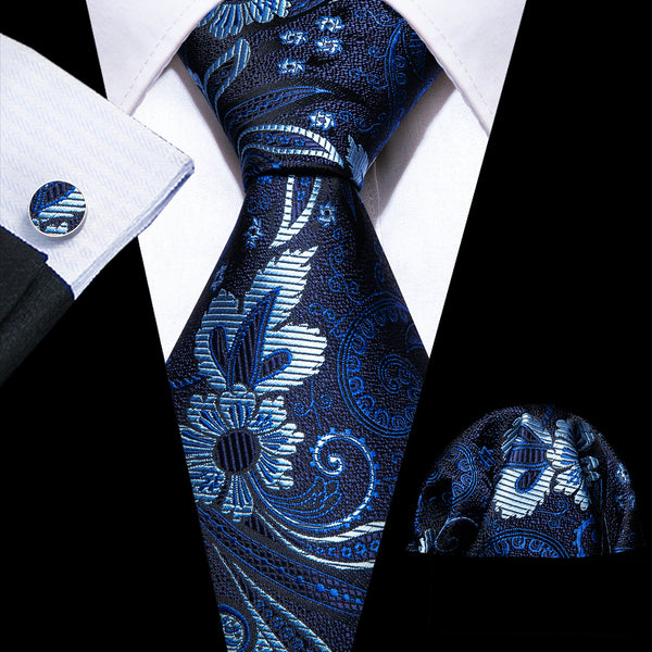 Dark Blue Floral Silk Men's Necktie Pocket Square Cufflinks Set