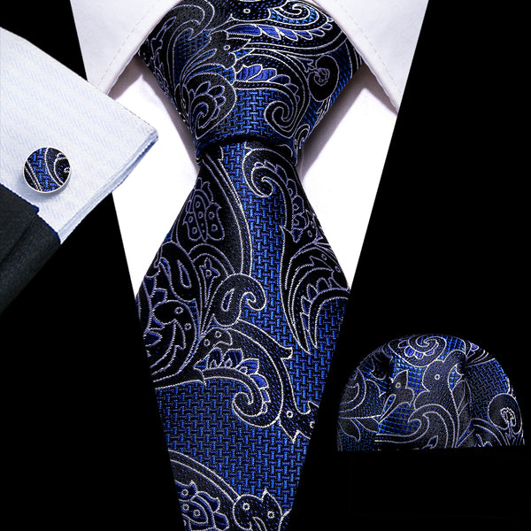 Blue Black Paisley Silk Men's Necktie Pocket Square Cufflinks Set