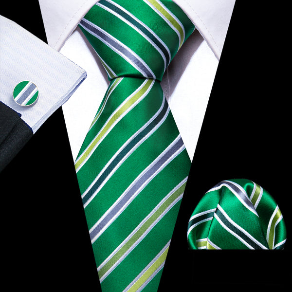 Green Striped Silk Men's Necktie Pocket Square Cufflinks Set