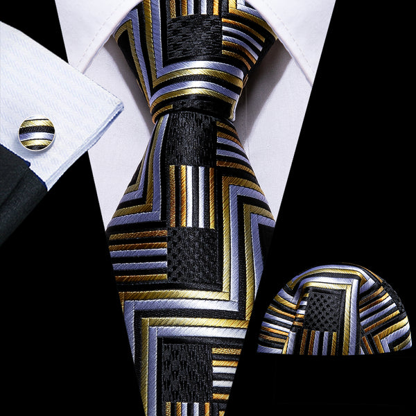Black Champagne Novelty Silk Men's Necktie Pocket Square Cufflinks Set