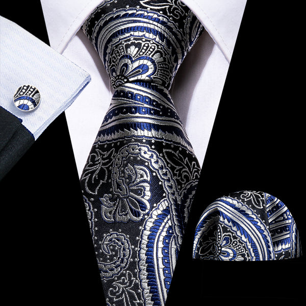 Black White Paisley Silk Men's Necktie Pocket Square Cufflinks Set