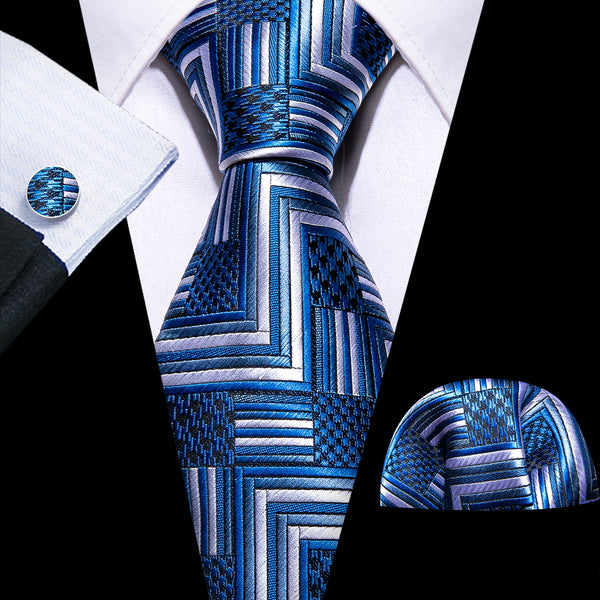 Blue White Novelty Silk Men's Necktie Pocket Square Cufflinks Set
