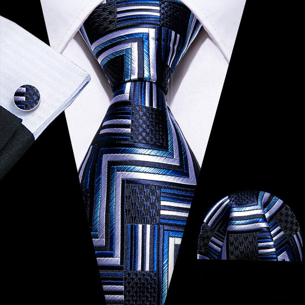 Dark Blue White Novelty Silk Men's Necktie Pocket Square Cufflinks Set