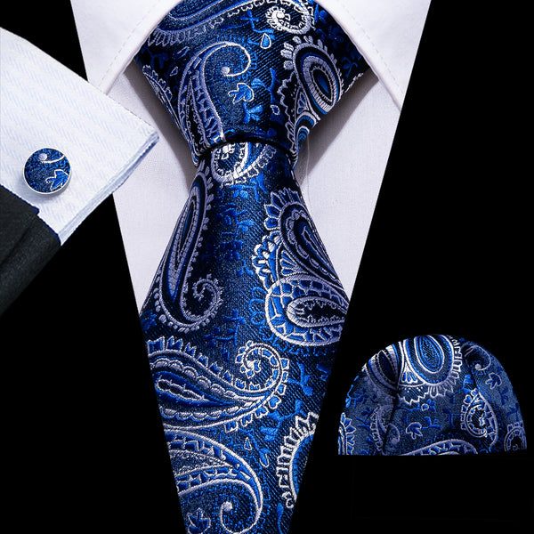 Dark Blue White Paisley Silk Men's Necktie Pocket Square Cufflinks Set