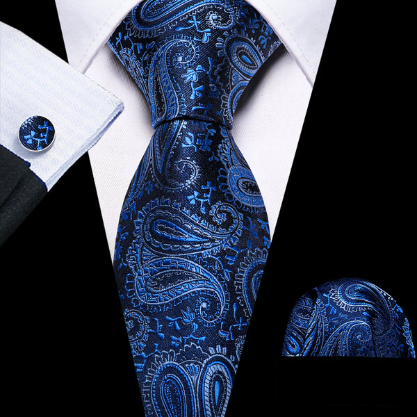 Blue Paisley Silk Men's Necktie Pocket Square Cufflinks Set