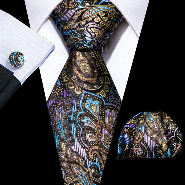 Brown Color Gradient Paisley Silk Men's Necktie Pocket Square Cufflinks Set