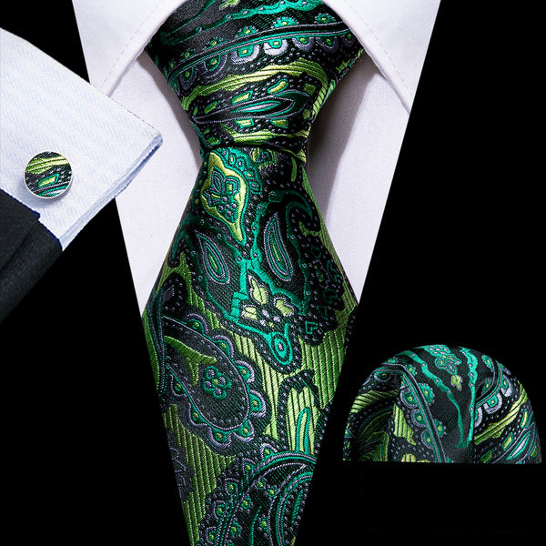 Dark Green Paisley Silk Men's Necktie Pocket Square Cufflinks Set