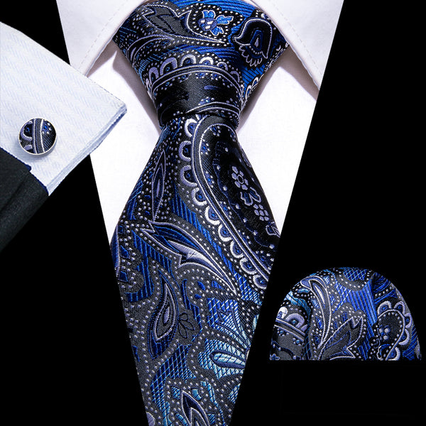 Gradient Blue White Paisley Silk Men's Necktie Pocket Square Cufflinks Set