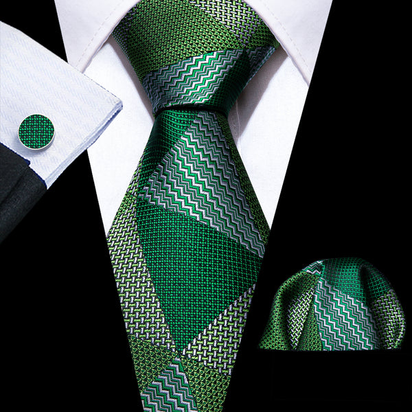 Green Novelty Silk Men's Necktie Pocket Square Cufflinks Set