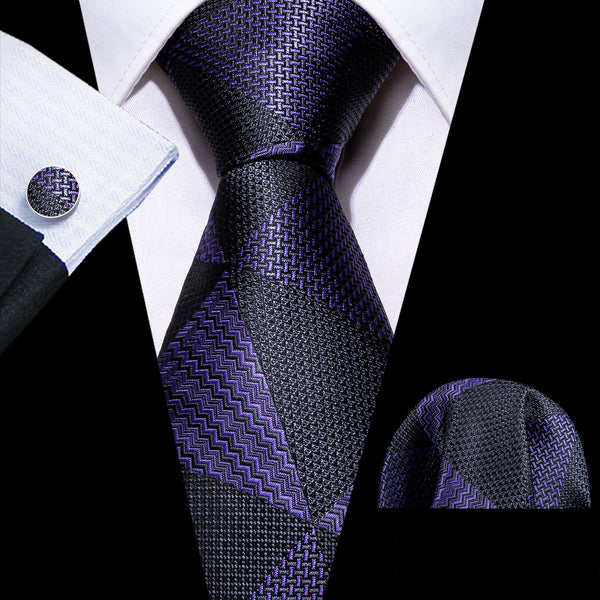 Purple Black Novelty Silk Men's Necktie Pocket Square Cufflinks Set