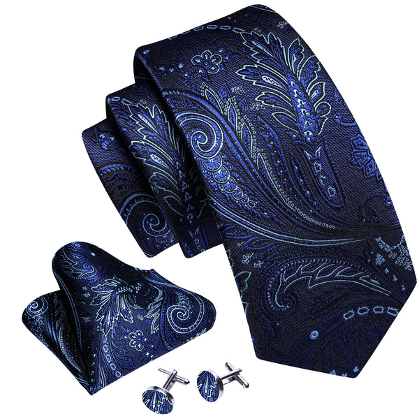 Navy Blue Paisley Silk Men's Necktie Pocket Square Cufflinks Set