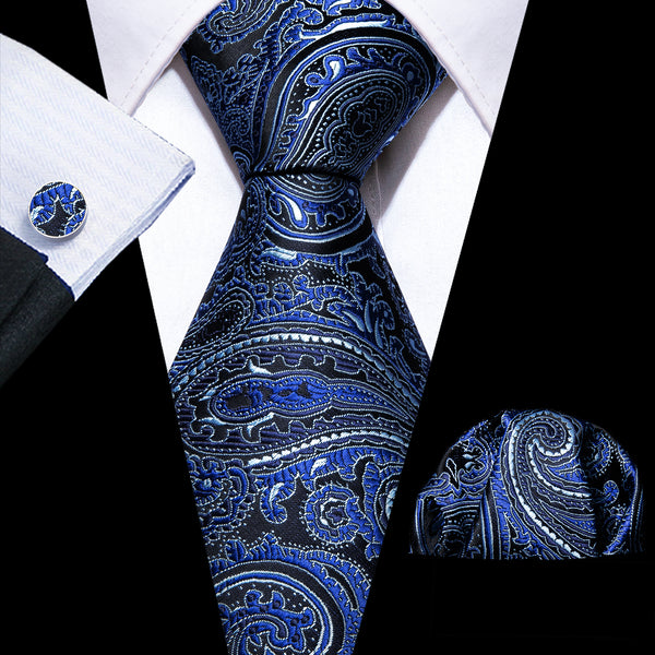 Black Blue Paisley Silk Men's Necktie Pocket Square Cufflinks Set