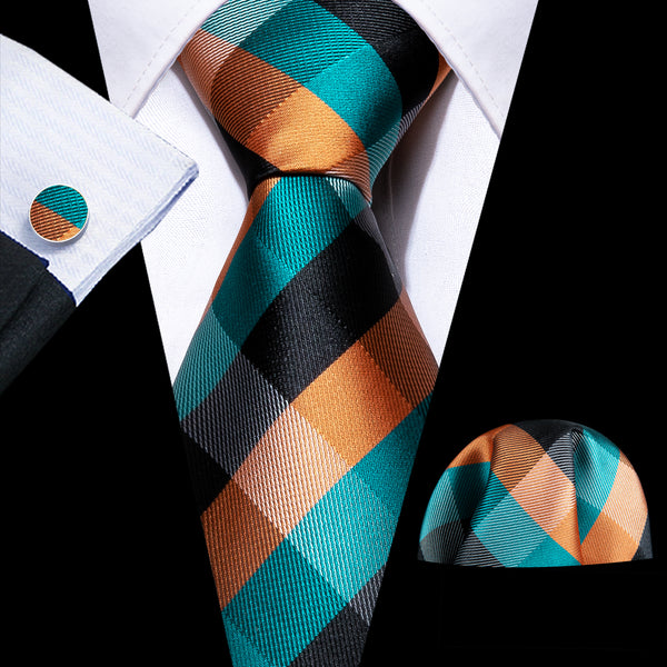 Teal Orange Plaid Silk Men's Necktie Pocket Square Cufflinks Set