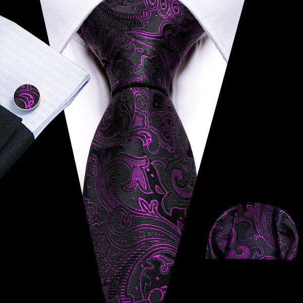 Black Purple Floral Silk Men's Necktie Pocket Square Cufflinks Set