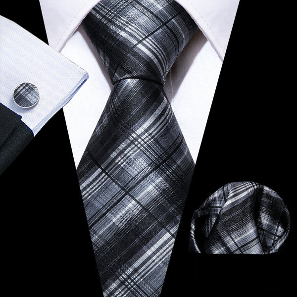 Black White Plaid Silk Men's Necktie Pocket Square Cufflinks Set