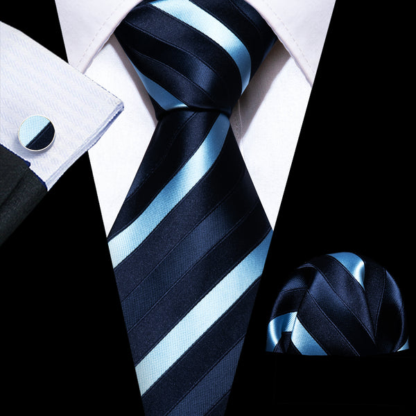 Dark Blue Striped Silk Men's Necktie Pocket Square Cufflinks Set