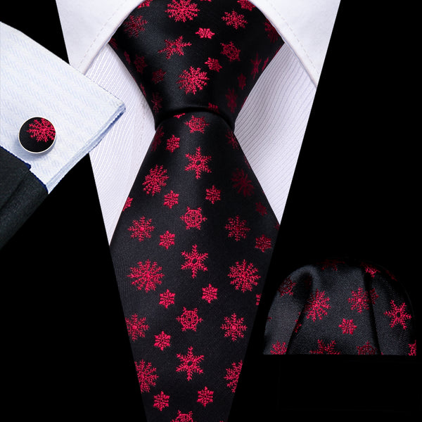 Black Red Snow Novelty Men's Necktie Hanky Cufflinks Set