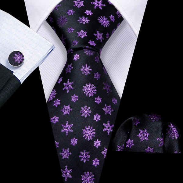 Black Purple Snow Novelty Men's Necktie Hanky Cufflinks Set