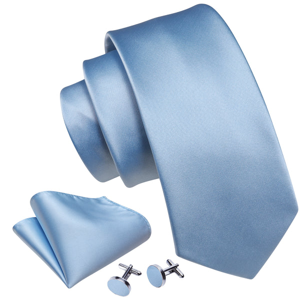 Baby Blue Solid Men's Necktie Hanky Cufflinks Set