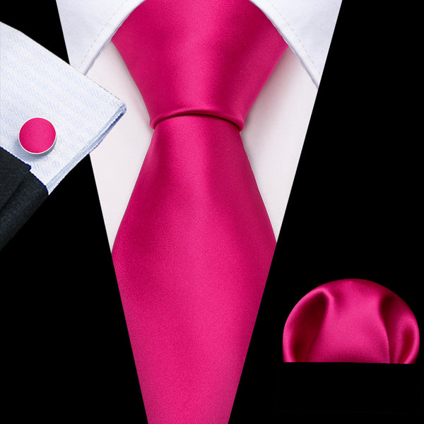 Rose Red Solid Men's Necktie Hanky Cufflinks Set
