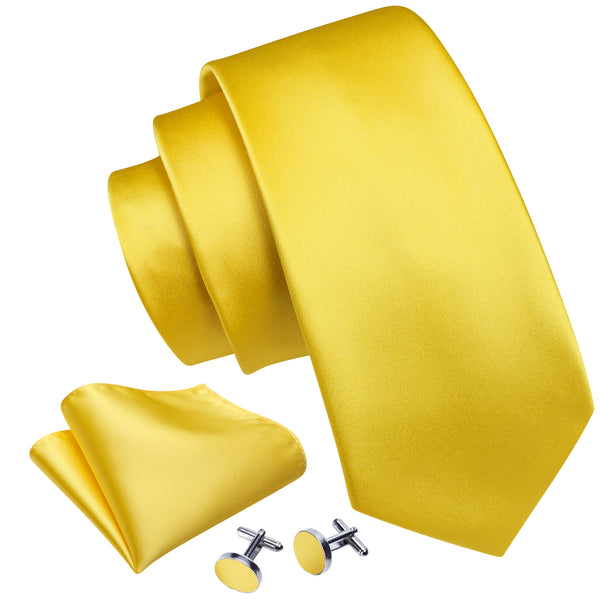 Yellow Solid Men's Necktie Hanky Cufflinks Set