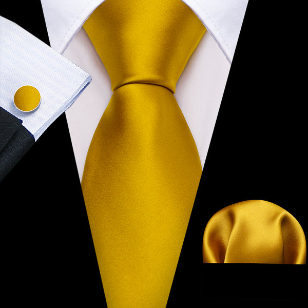 Golden Solid Men's Necktie Hanky Cufflinks Set
