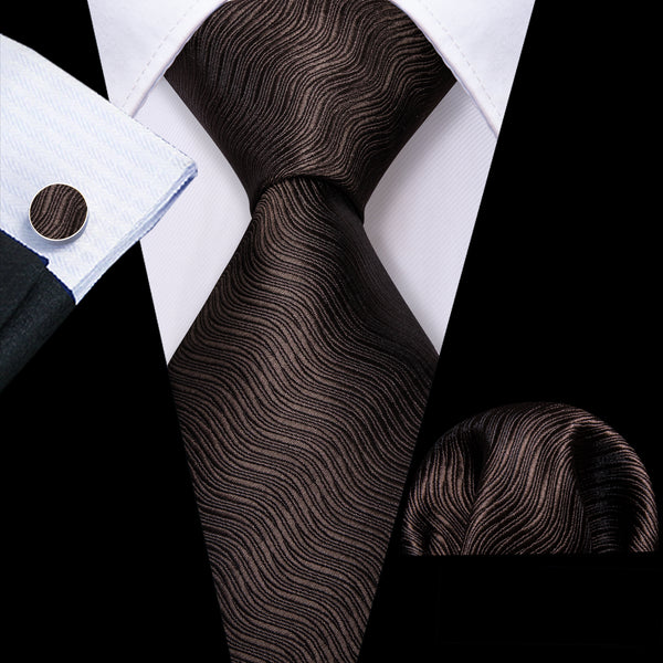Chocolate Brown White Wave Striped Men's Necktie Hanky Cufflinks Set
