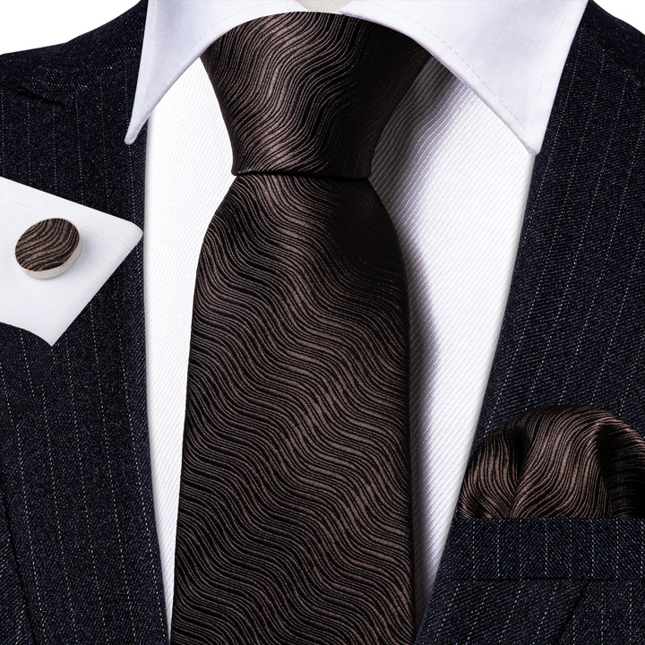 Chocolate Brown White Wave Striped Men's Necktie 
