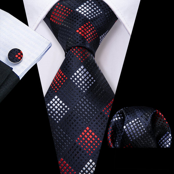 Dark Blue White Red Color Block Plaid Men's Necktie Hanky Cufflinks Set