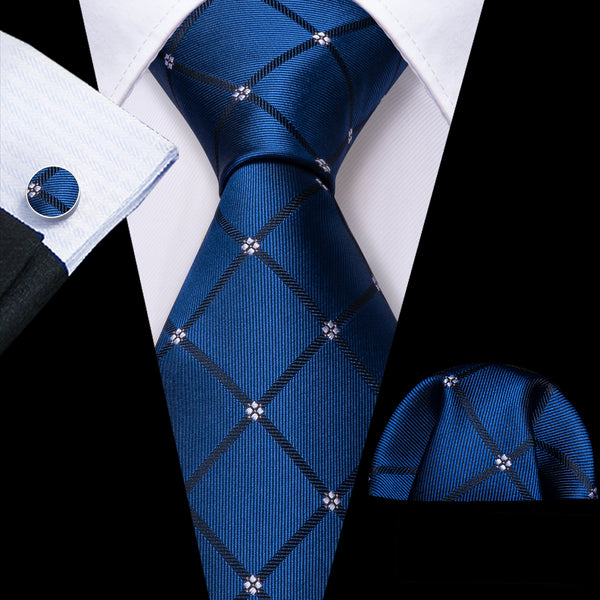 Dark Blue Plaid Men's Necktie Hanky Cufflinks Set