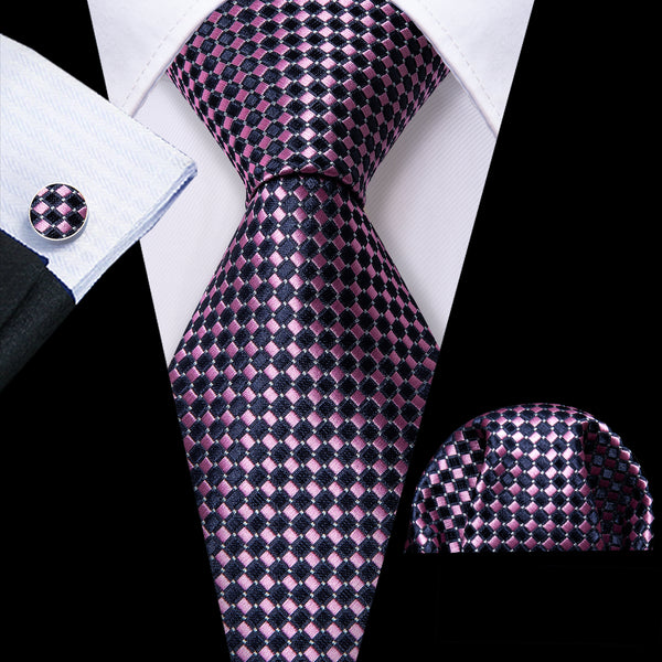 Pink Checkerboard Plaid Men's Tie Set Tie Pocket Square Cufflinks Set