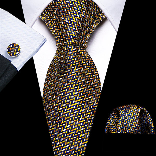 Golden Dark Blue Novelty Men's Tie Set Tie Pocket Square Cufflinks Set