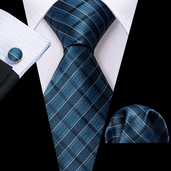 Classic Blue Plaid Men's Tie Set Tie Pocket Square Cufflinks Set