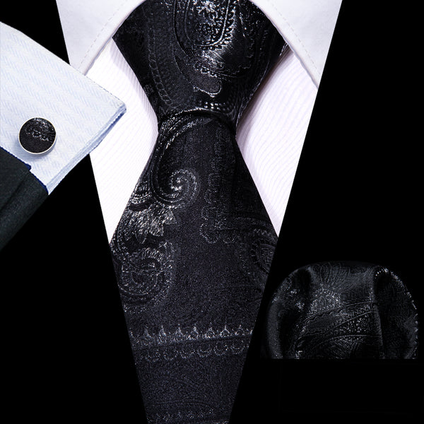 Black Paisley Men's Necktie Hanky Cufflinks Set