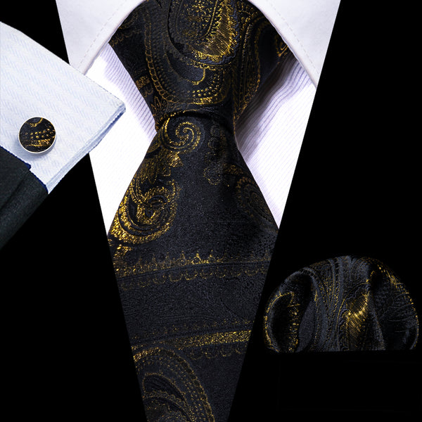 Black Golden Paisley Men's Necktie Hanky Cufflinks Set