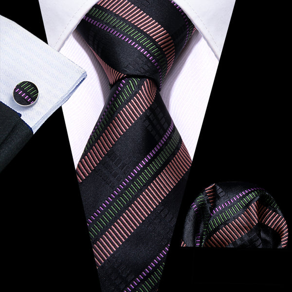 Black Pink Striped Men's Necktie Hanky Cufflinks Set