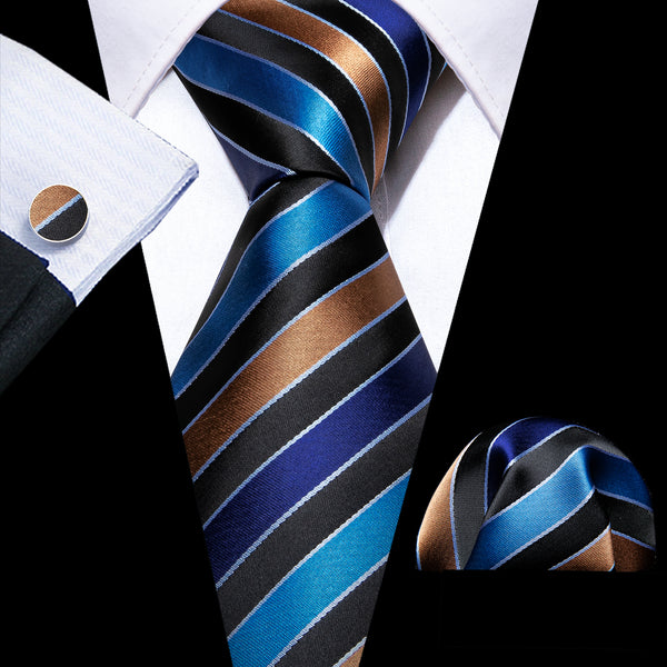 Blue Black Brown Striped Men's Necktie Hanky Cufflinks Set