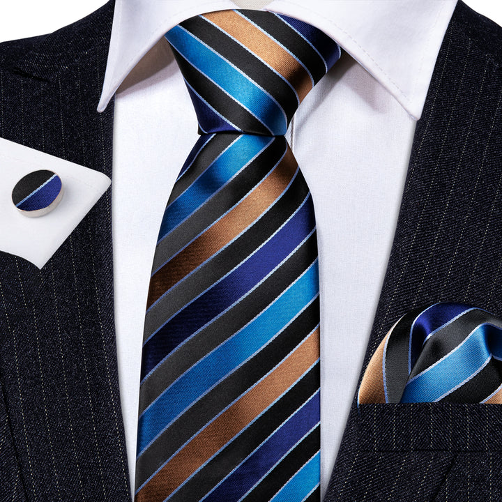 Blue Black Brown Striped Men's Necktie Hanky Cufflinks Set – ties2you
