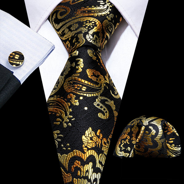Black Golden Gradient Paisley Men's Necktie Hanky Cufflinks Set