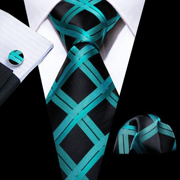Black Lake Blue Plaid Men's Necktie Hanky Cufflinks Set