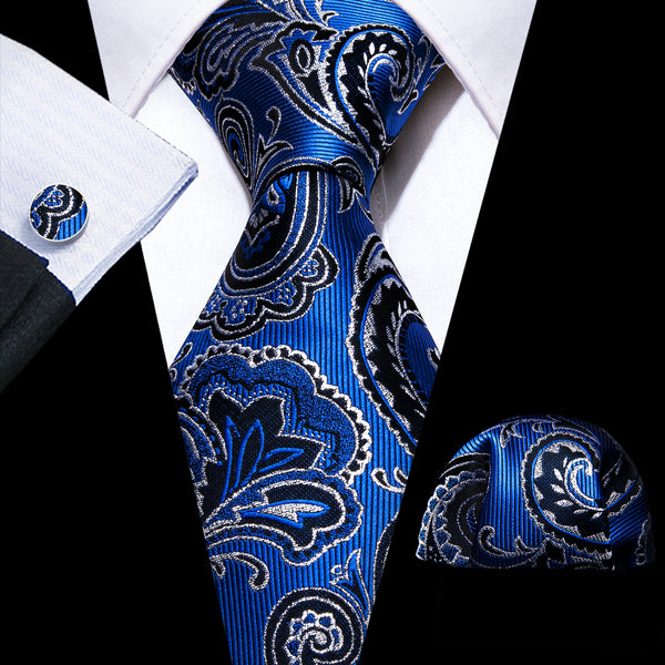 Luxury Blue Paisley Men's Necktie Hanky Cufflinks Set