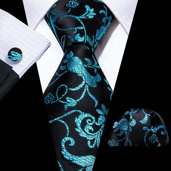 Black Lake Blue Floral Men's Necktie Hanky Cufflinks Set