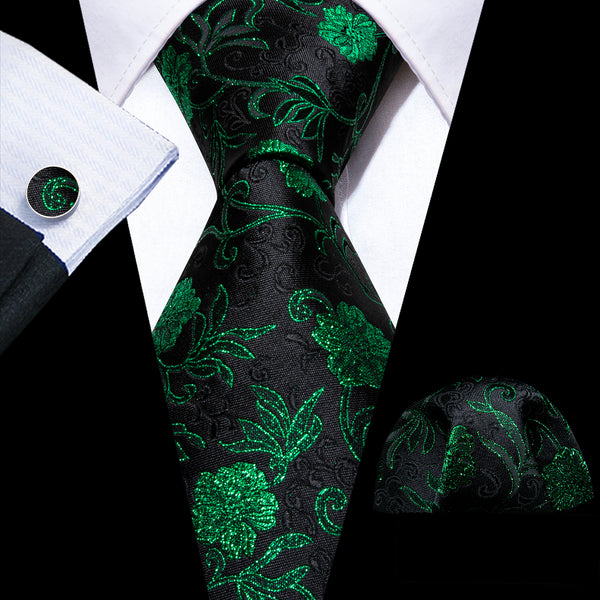 Black Green Floral Men's Necktie Hanky Cufflinks Set