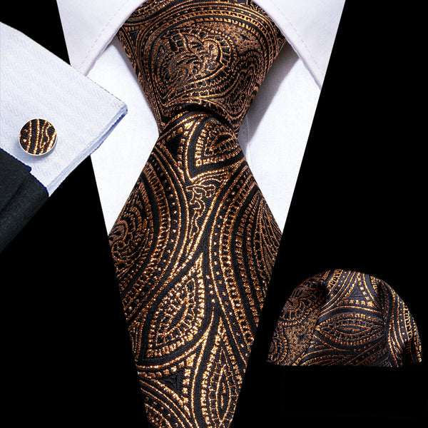 Black Golden Paisley Men's Necktie Hanky Cufflinks Set