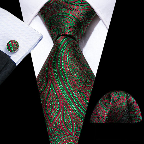 New Green Red Paisley Men's Necktie Hanky Cufflinks Set