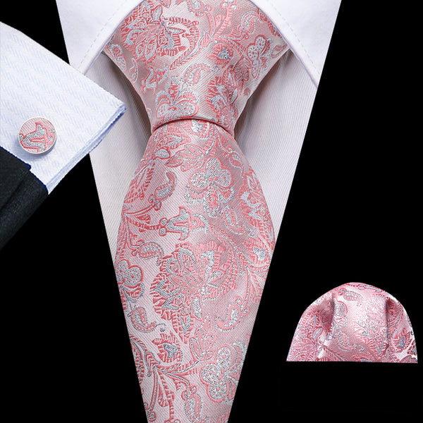 Silver Pink Paisley Men's Necktie Hanky Cufflinks Set
